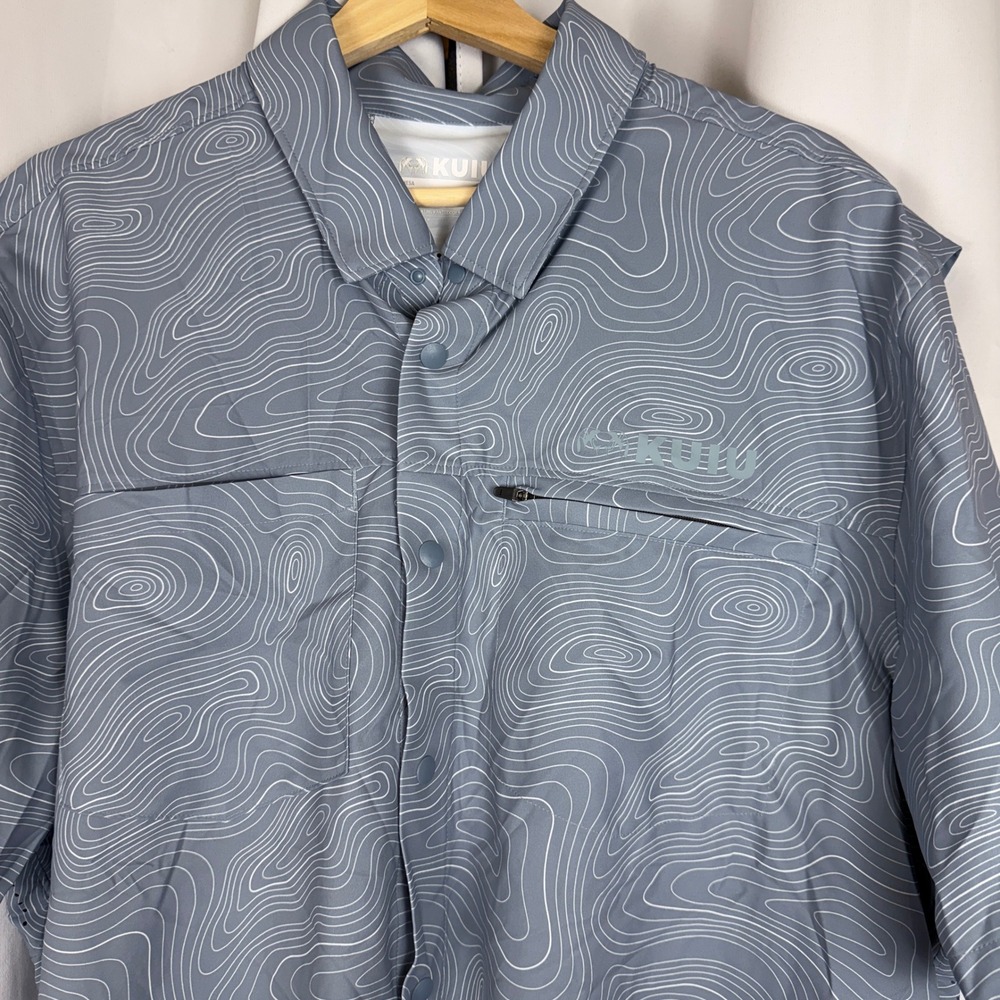 KUIU Mesa Short Sleeve Snap Shirt Mens XL Grey Topo Print UPF 50+ Venting 23003